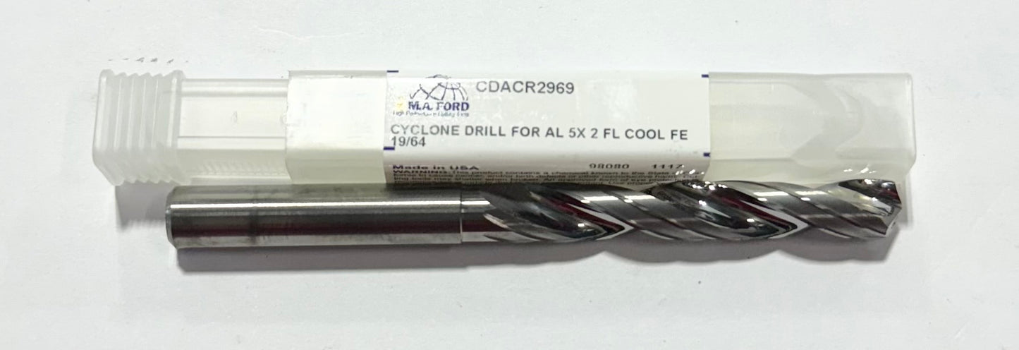 M.A. Ford 19/64" Solid Carbide Double Margin Drill 5xD Coolant Thru