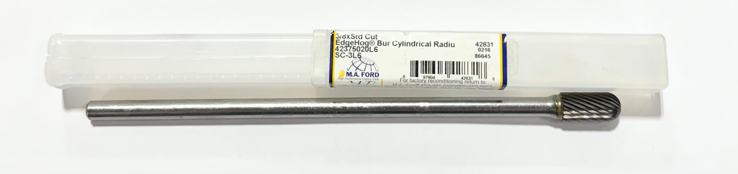 M.A. Ford 3/8" Carbide Burr Cylindrical Radius End SC-3L6 Single Cut 6-3/4" OAL 1/4" Shank
