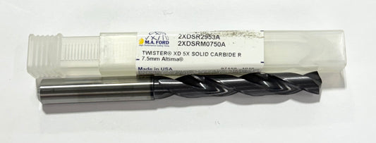 M.A. Ford 7.5mm Solid Carbide Drill 5xD Altima Coated 2 Flute USA Made