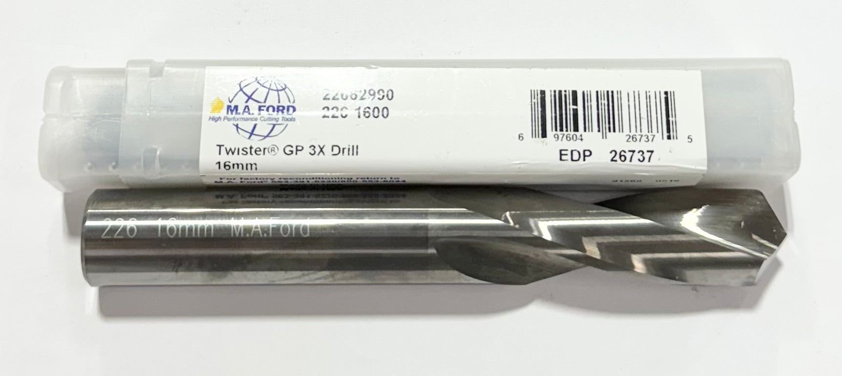 M.A. Ford Twister 16mm Solid Carbide Stub Drill 118° 2 Flute USA Made