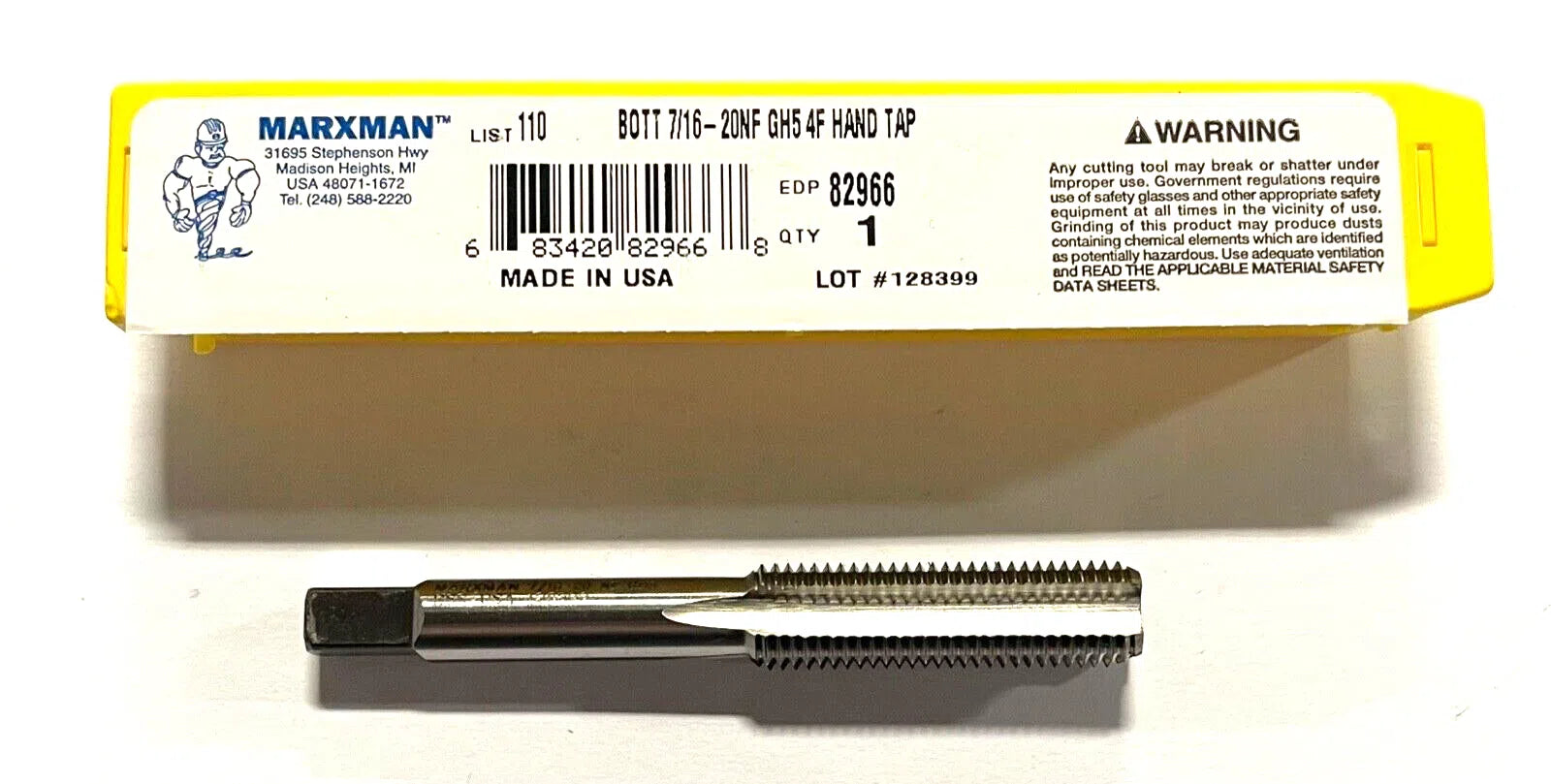 Marxman 7/16-20 HSS Hand Tap GH5 4 Flute Bottoming Tap USA Made 82966