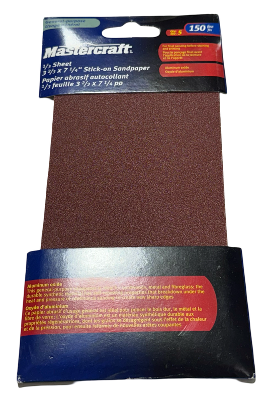 MasterCraft 1/3 Sheet 3-2/3" x 7-1/4" Stick-On Sandpaper 150 Grit AO 5 Pack