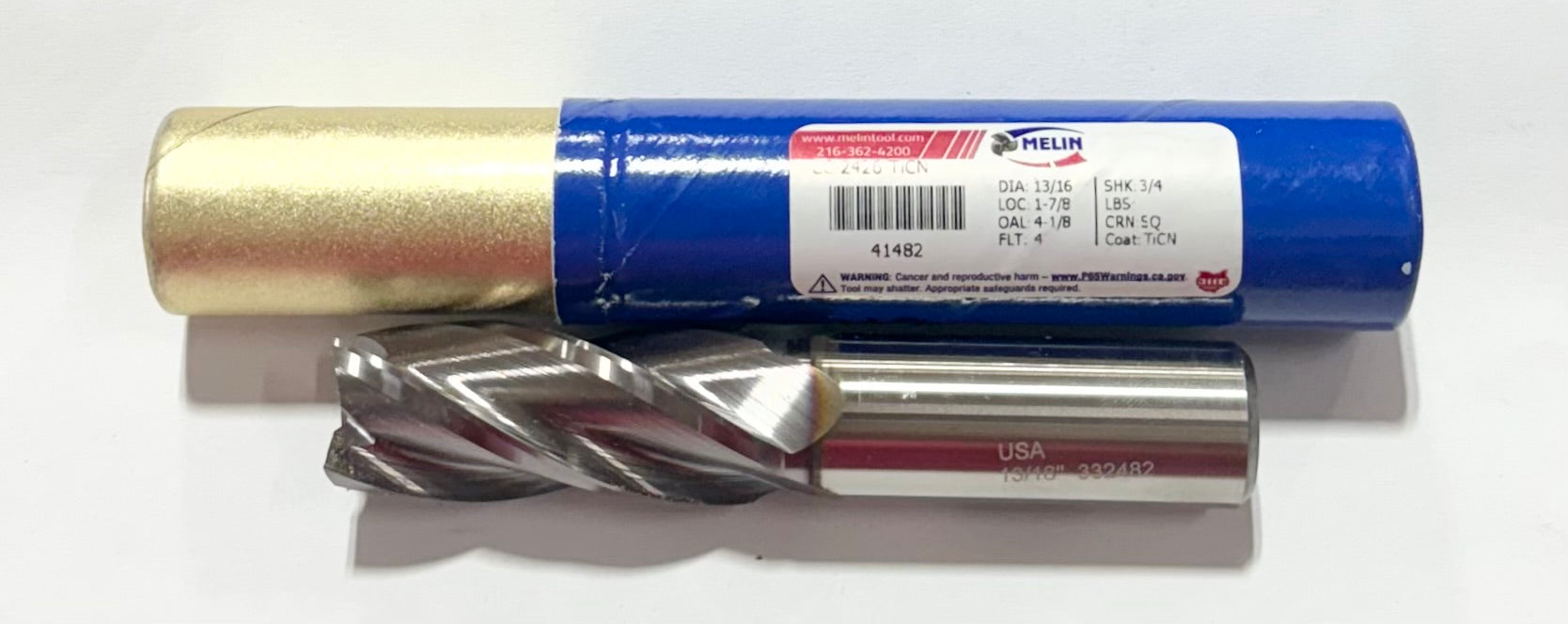 Melin 13/16" Cobalt End Mill 4 Flute TiCN Coated 3/4" Shank USA Made