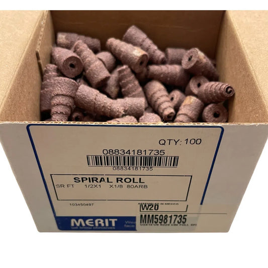 Merit 1/2" x 1" x 1/8" Spiral Roll Full Taper 80 Grit Aluminum Oxide 100 Pack