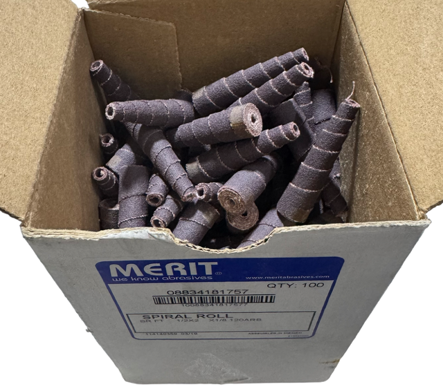 Merit 1/2" x 2" Spiral Sanding Roll 120 Grit Aluminum Oxide 100 Pack