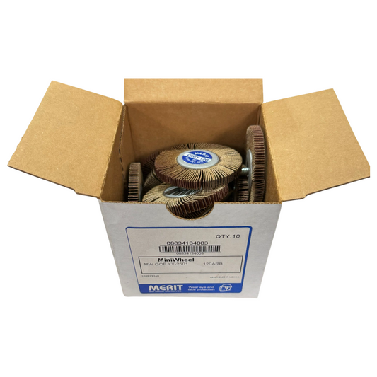 Merit 2-1/2 x 1/4 x 1/4-20 Threaded Mandrel Flap Wheels120 Grit Super Finish Aluminum Oxide 10 Pack