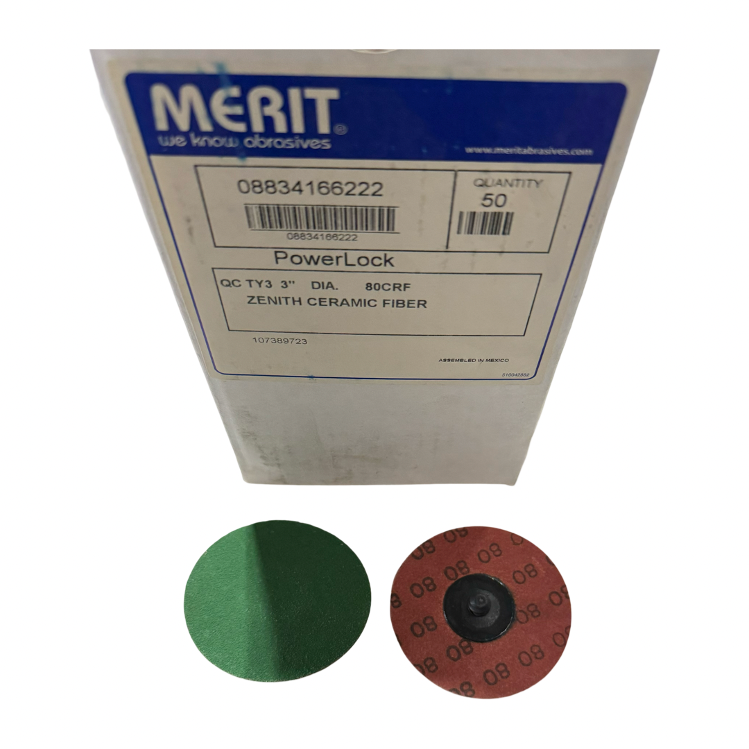 Merit 3" Roloc Sanding Discs Zenit Ceramic Fiber 80 Grit 50 Pack