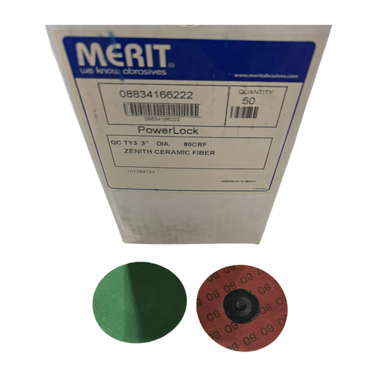 Merit 3" Roloc Sanding Discs Zenit Ceramic Fiber 80 Grit 50 Pack