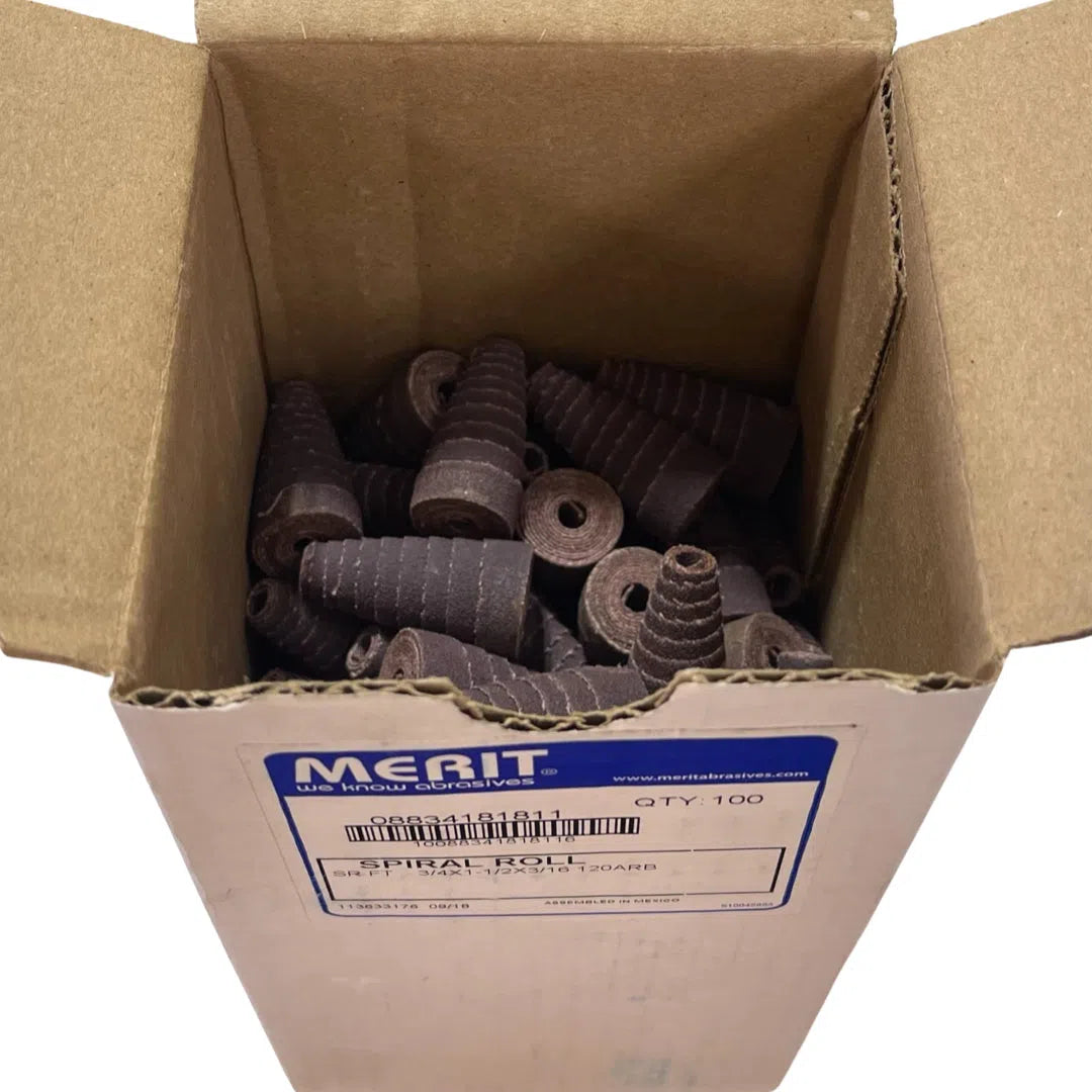 Merit 3/16" x 1-1/2" x 3/16" Spiral Roll 120 Grit Aluminum Oxide 100 Pack