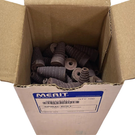 Merit 3/16" x 1-1/2" x 3/16" Spiral Roll 120 Grit Aluminum Oxide 100 Pack