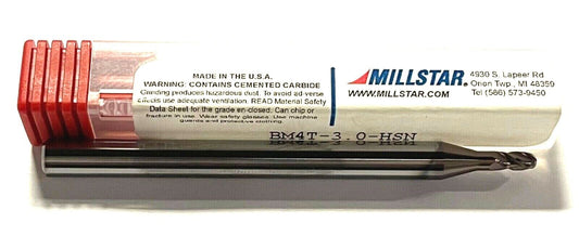 Millstar 3mm Carbide Ball End Mill HSN Finish 4 Flute USA Made