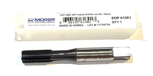 Morse 3/8"-24 Tap HSS-PM Straight Flute H3 Semi-Bottoming Tap 4FL TiAlN Coating