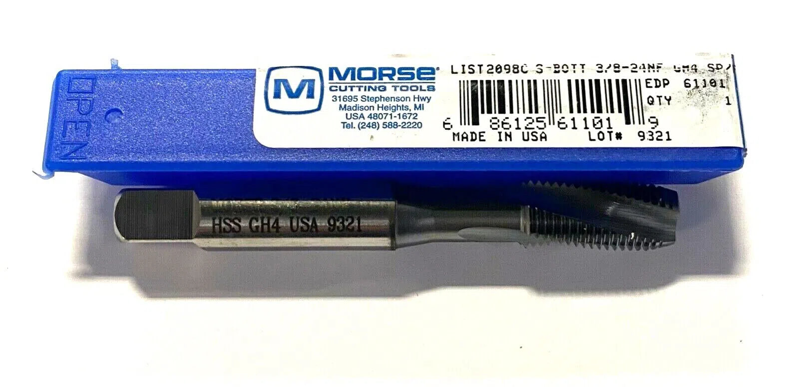 Morse 3/8-24NF Tap Semi Bottoming TiCN High Performance Spiral Flute USA Made