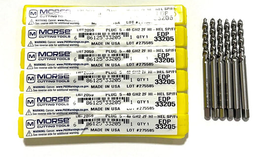 Morse 5-40 Tap HSS Spiral Flute Plug Taps 2 Flute GH2 Fast Spiral 6 Pack USA