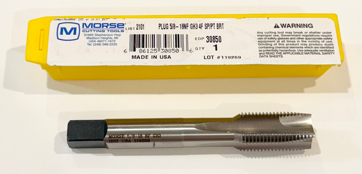 Morse 5/8"-18NF HSS Spiral Point Plug Tap 4 Flute GH3 USA Made