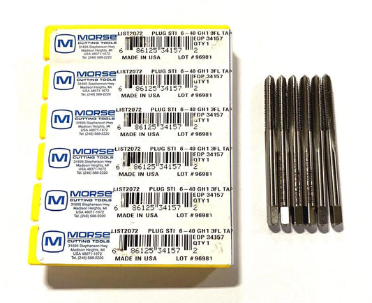 Morse 6-40 Screw Thread Insert Tap HSS GH1 3 Flute Plug Taps 6 Pack USA Made