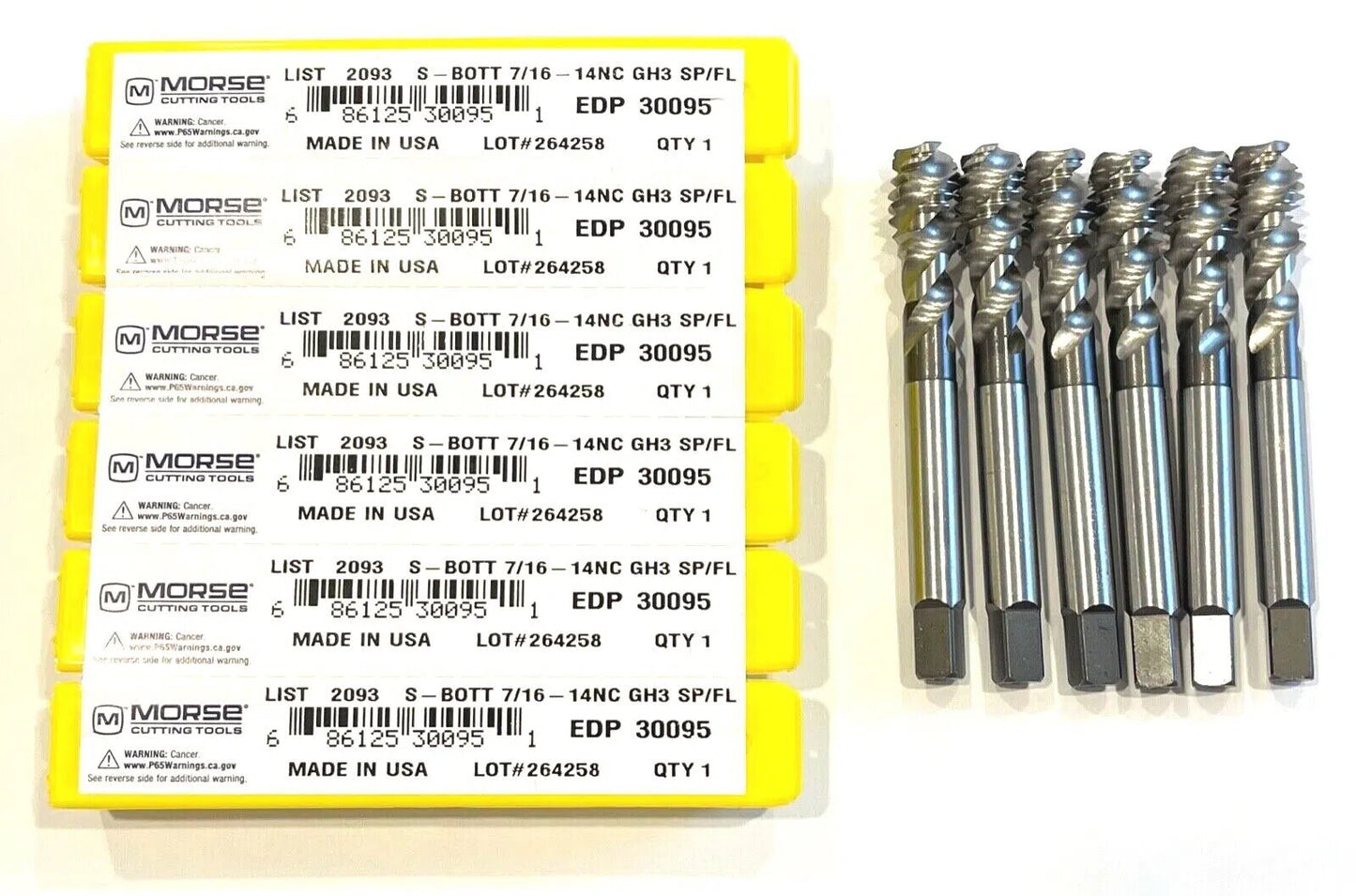 Morse 7/16-14 Tap HSSPM Semi Bott Spiral Flute Tap CrN Coating GH3 3FL 6pk 30095