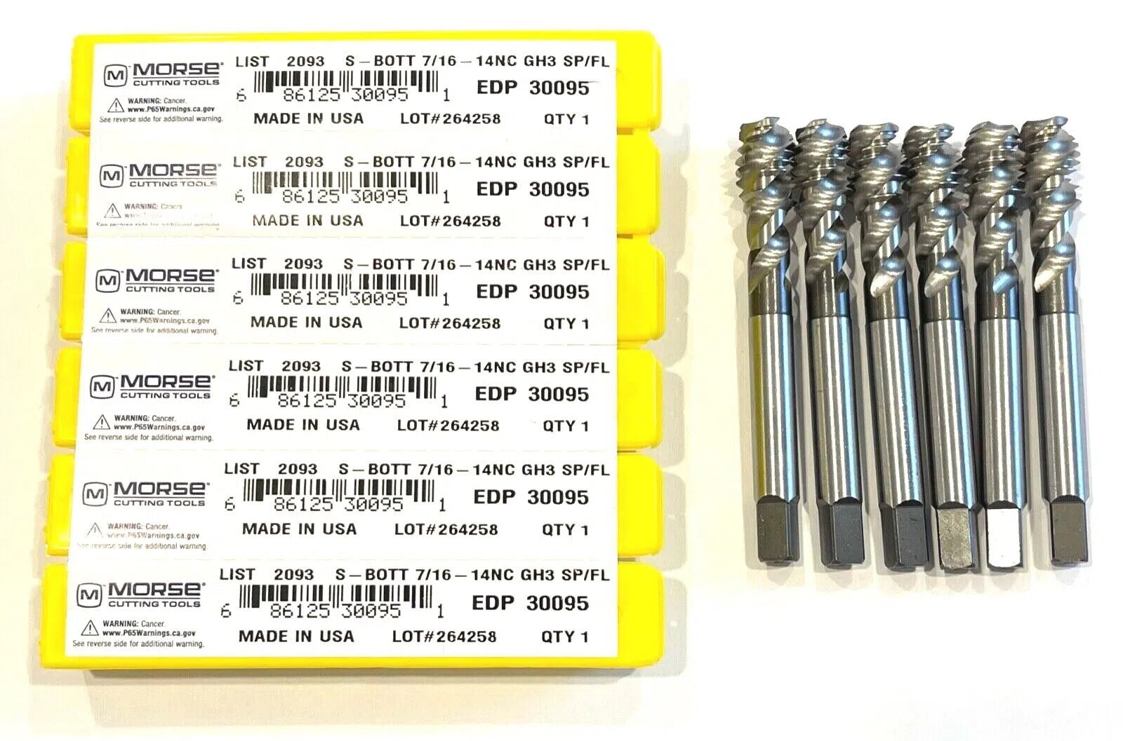 Morse 7/16-14 Tap HSSPM Semi Bott Spiral Flute Tap CrN Coating GH3 3FL 6pk 30095