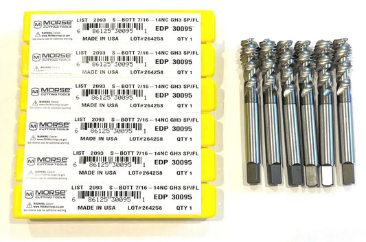 Morse 7/16-14 Tap HSSPM Semi Bott Spiral Flute Tap CrN Coating GH3 3FL 6pk 30095