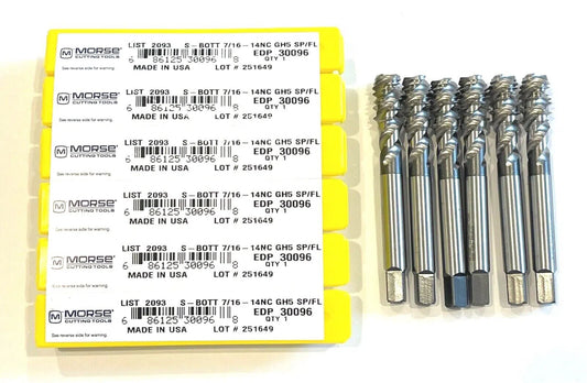 Morse 7/16-14 Tap HSSPM Semi Bottoming Spiral Flute Taps CrN Coating GH5 3FL 6pk