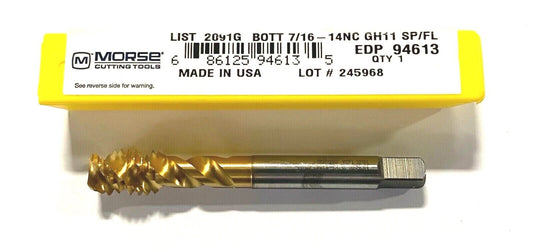 Morse 7/16-14NC Tap Semi Bottoming Spiral Flute Tin Coated +.005 Oversize USA