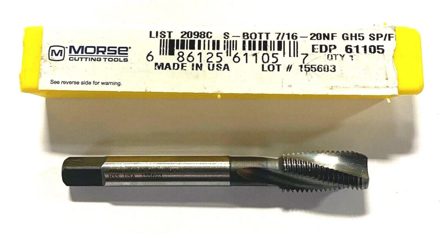 Morse 7/16-20NF Tap Semi Bottoming TiCN High Performance Spiral Flute USA Made