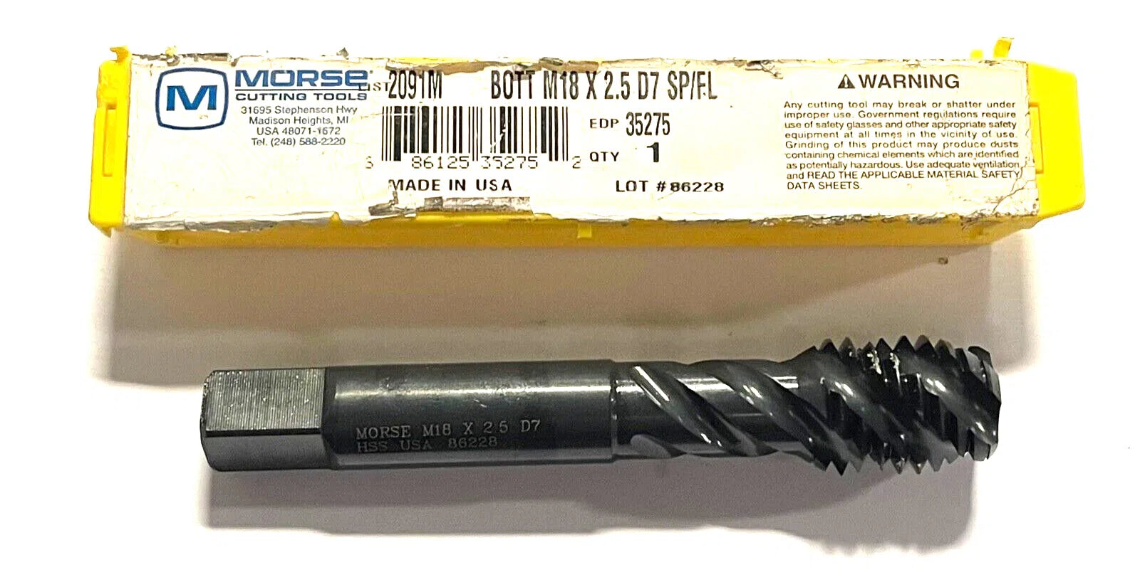 Morse M18 x 2.5 Tap HSS Modified Bottoming Spiral Flute High Performance 4FL USA