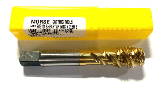 Morse M18 x 2.50 Tap Semi Bottoming Spiral Flute Tin Coated Tap D7 4 Flute USA