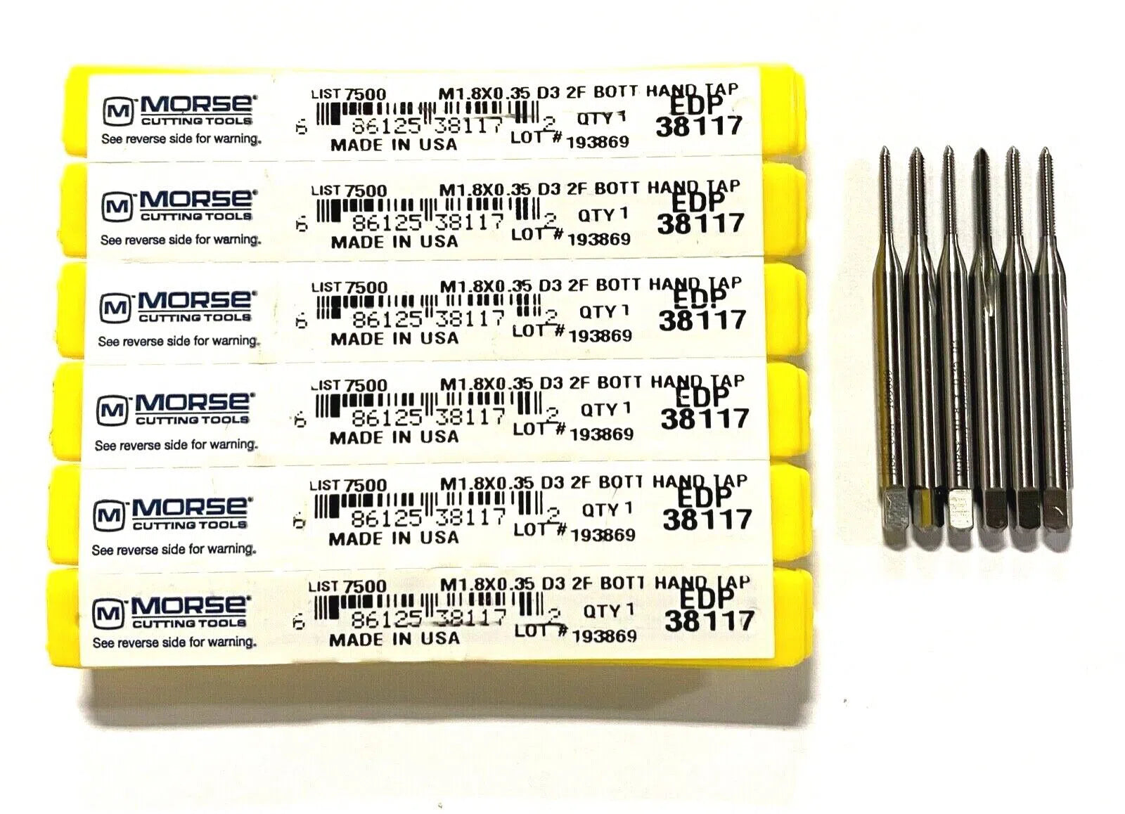 Morse M1.8 x 0.35 Hand Tap HSS Bottoming Taps D3 2 Flute USA Made 6 Pack 38117