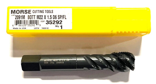 Morse M22 x 1.5 Tap HSS Modified Bottoming Spiral Flute High Performance 4FL USA