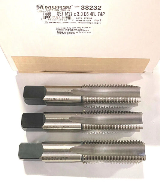 Morse M27 x 3.0 Hand Tap Set HSS D8 4 Flute Taper Plug Bottoming Taps USA Made