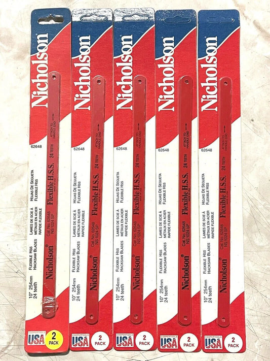 Nicholson 10" x 24 Teeth Hacksaw Blades Flexible High Speed Steel USA Made 10pk