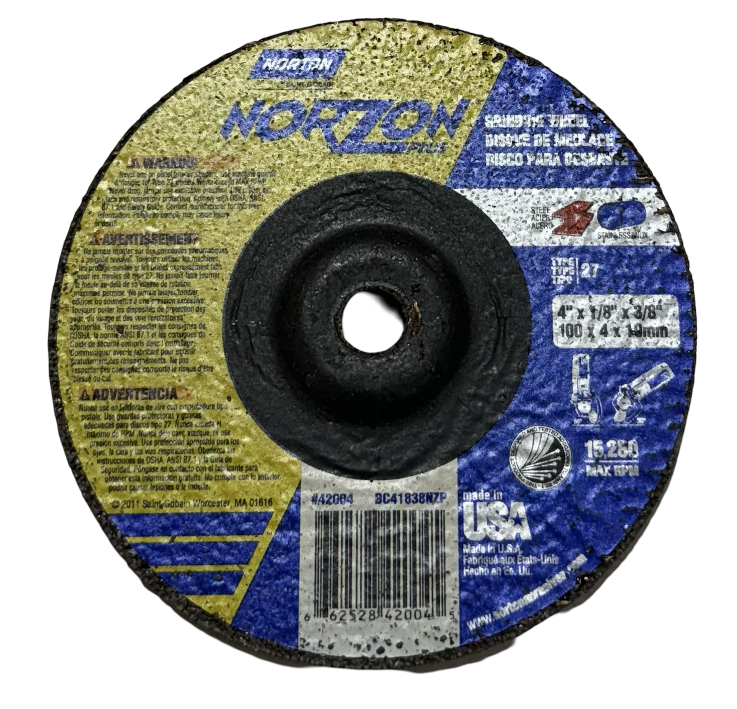 Norton 4-1/2" x 1/8" x 3/8" NorZon T27 Depressed Center Grinding Wheel