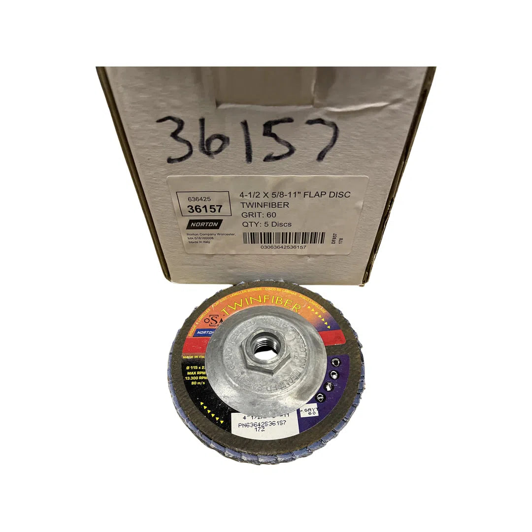Norton 4-1/2" x 5/8-11 Abrasive Flap Disc 60 Grit Red Heat Type 29 R961 5 Pack