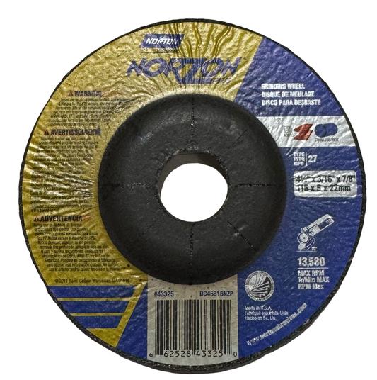 Norton NORZON 4-1/2" x 3/16" x 7/8" Grinding Wheel 24 Grit Ceramic Alumina|Zirconia Alumina 25 Pack