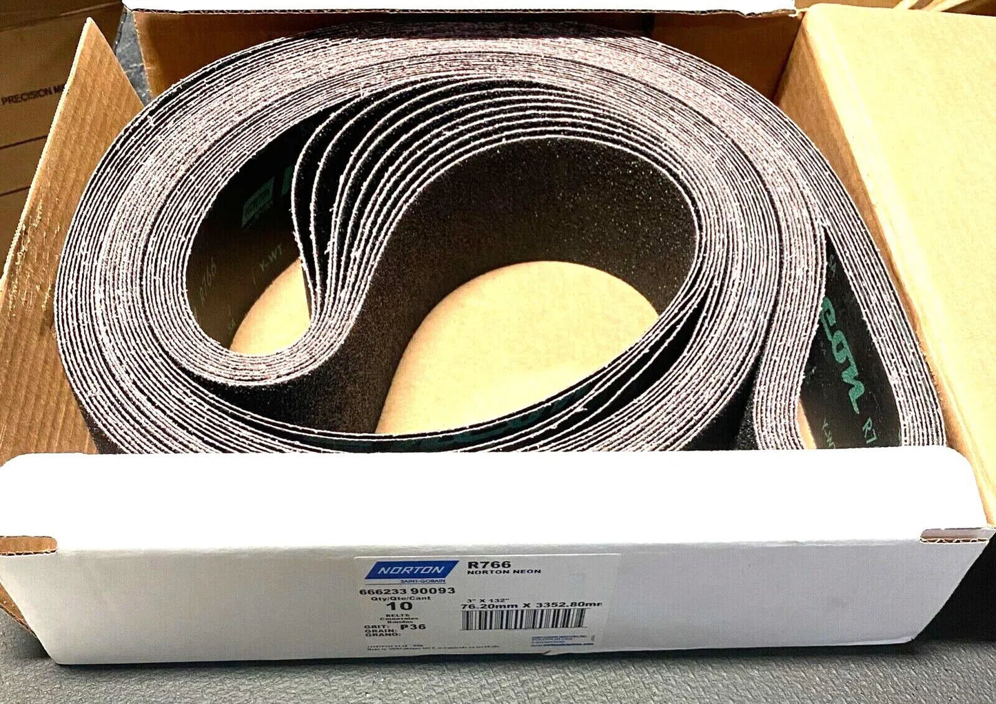 Norton Neon R766 3" x 132" Sanding Belt Narrow Aluminum Oxide Coated 10 Pack