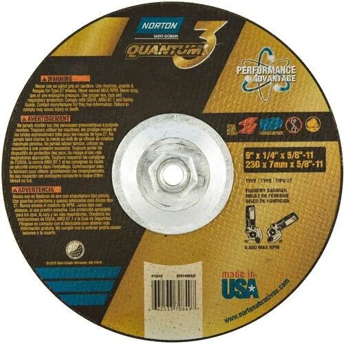 Norton Quantum Grinding Wheel 9" x 1/4" x 5/8-11 Type 27 Foundry Snagger USA