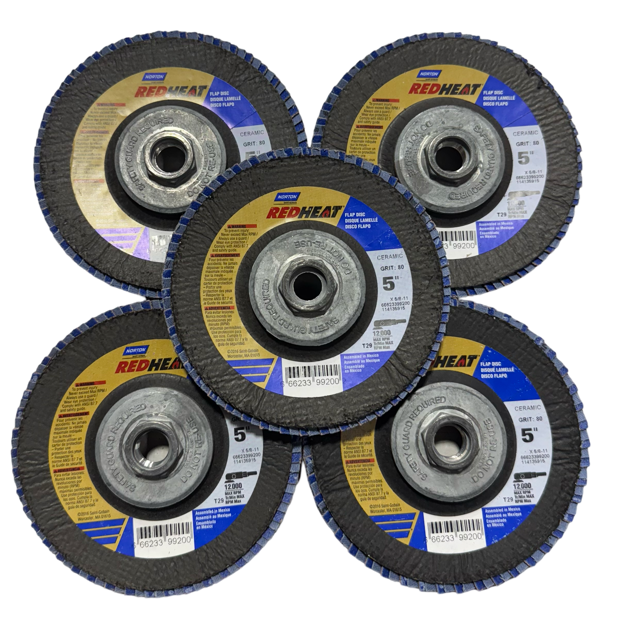 Norton RED HEAT 5" x 5/8-11 Flap Wheel 80 Grit T29 Ceramic 5 Pack