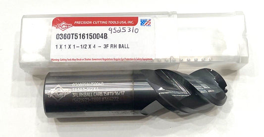 PCT 1" Carbide Ball Nose End Mill TaC Coating 3 Flute Variable Pitch 45° Helix