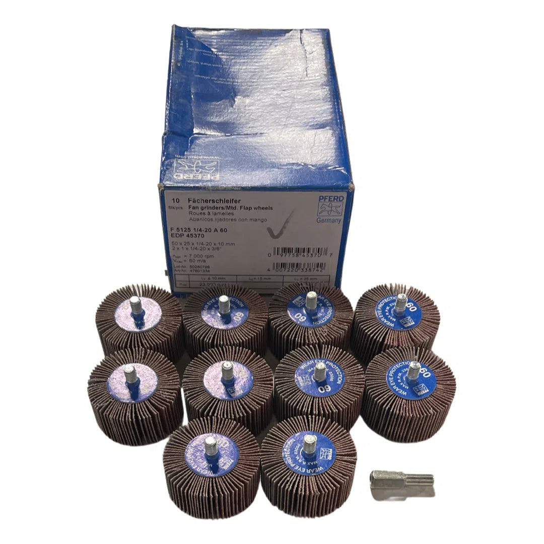 PFERD 2" x 1" Quick Change Flap Wheels 1/4-20 Aluminum Oxide 60 Grit 10 Pack