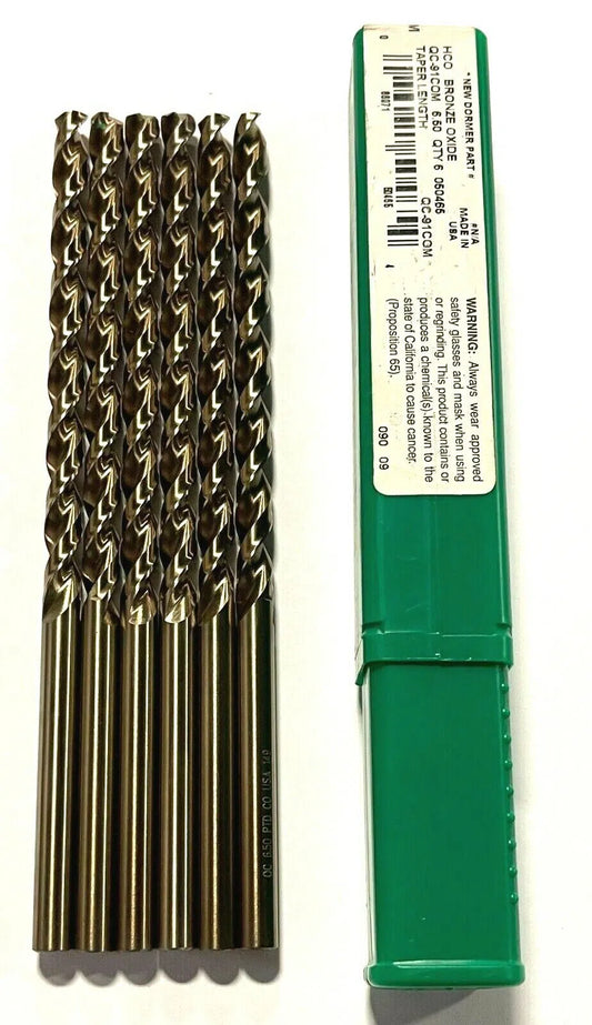 Precision Twist Drill 6.50mm Cobalt Drill Bit Taper Length Drills USA Made 6pk