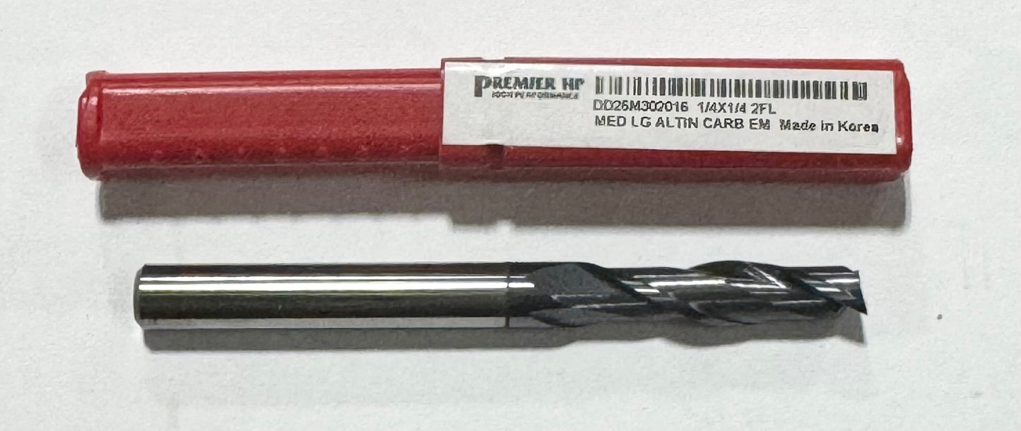 Premier 1/4" Carbide End Mill AlTiN Coated 2 Flute High Performance