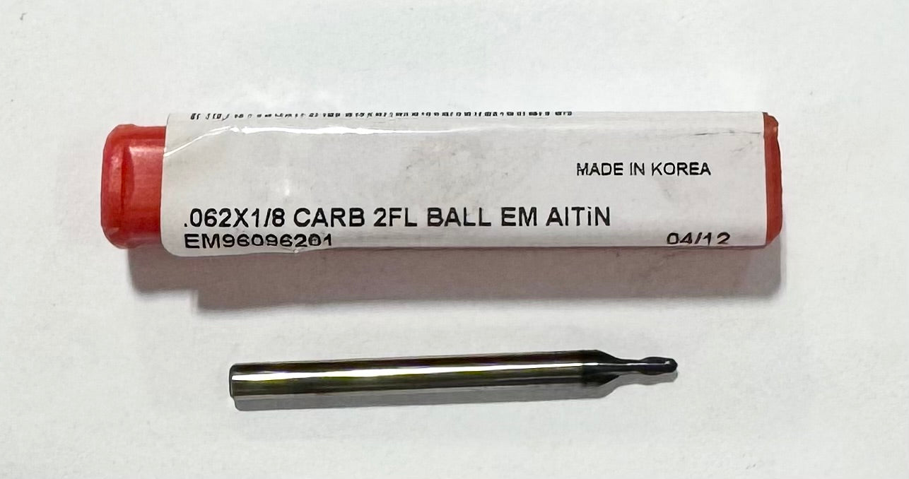 Premier .062" Carbide Ball Nose End Mill 2 Flute AlTiN Coated 1/8" Shank