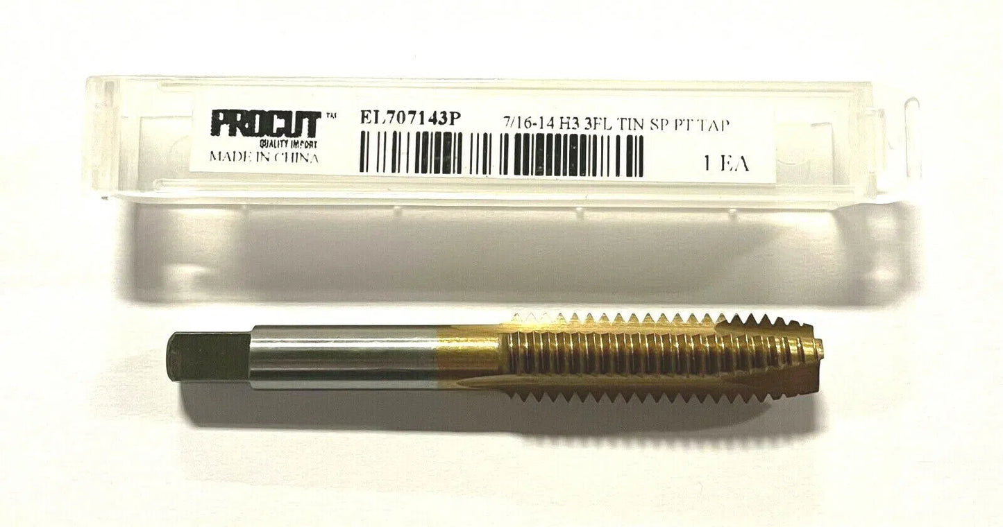 ProCut 7/16-14 Tap HSS Spiral Point Plug Tap H3 Tin Coated 3 Flute