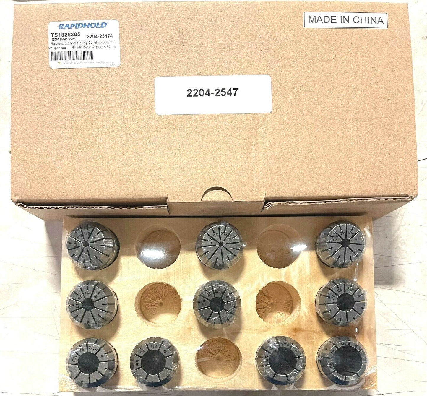 RapidHold 10pc ER25 Spring Collet Set 0.0002" T.I.R 1/8-5/8" by 1/16"