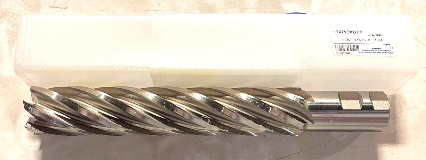 RapidKut 1-1/2" HSS End Mill Extra Long 6FL Non-Center Cut 10-1/2" OAL USA Made