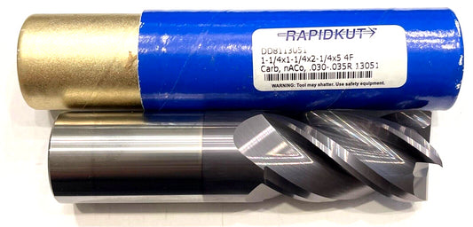 RapidKut 1-1/4" Carbide End Mill Variable Helix AlTiN .030-.035 Radius 4FL HP