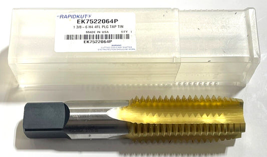 RapidKut 1-3/8"-6 HSS Hand Tap 4 Flute Plug Tap H4 Tin Coating USA Made