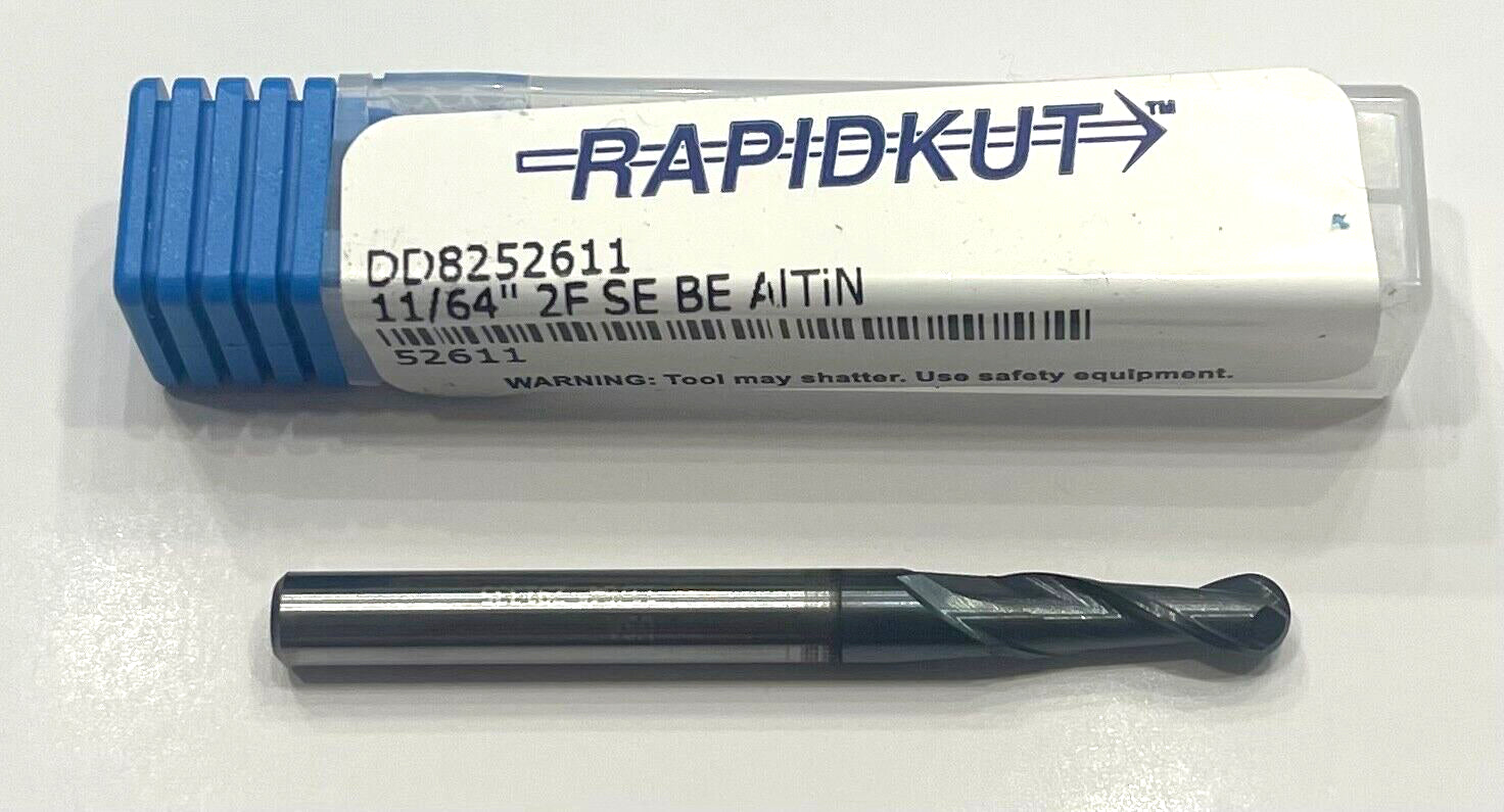 RapidKut 11/64" Carbide Ball Nose End Mill 2 Flute AlTiN Coating USA Made