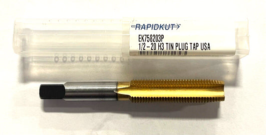 RapidKut 1/2-20 Hand Tap HSS Tin Coated H3 Plug Tap 4FL USA Made